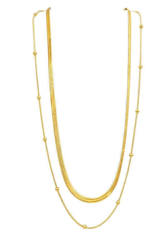 Elegant Dual Layer Gold-Finish Necklace for Women | Minimal Beaded Chain Design