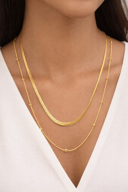 Elegant Dual Layer Gold-Finish Necklace for Women | Minimal Beaded Chain Design