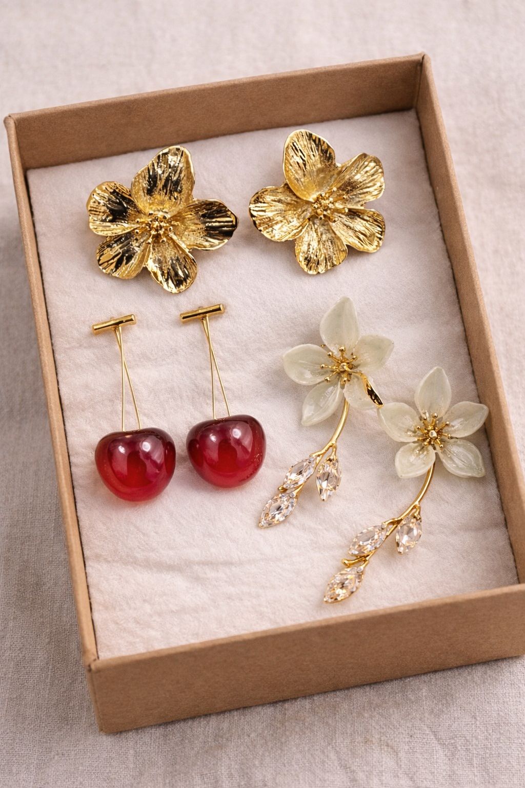 3-in-1 Premium Earrings Combo Set for Women | Floral Gold, Cherry Drops & Elegant White Flower Earrings